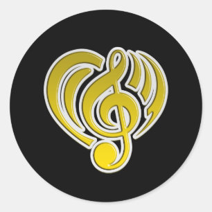 Sticker Rond Vibrations Amour Musical Cœur Jaune Note De Musiqu