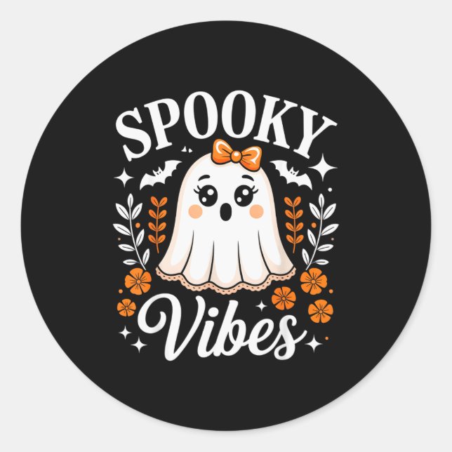 Sticker Rond Vibrations Effrayantes Fantôme Rétro Groovy Hallow (Devant)