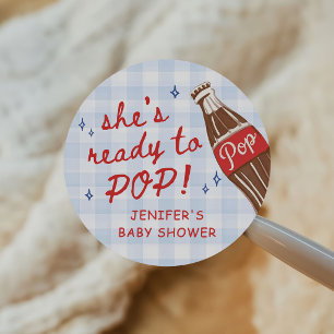 Sticker Rond Vichy Bleu Elle est Prête à Faire Pop Invitation B