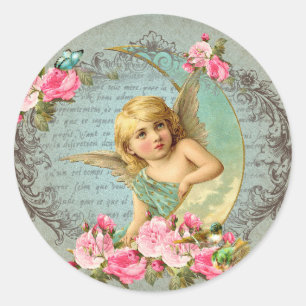 Sticker Rond Victorian Angel bleu vintage rose rose antique ros
