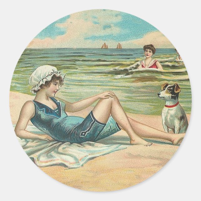 Sticker Rond Victorian Beach Swim Girl Ocean Summer Vacances (Devant)