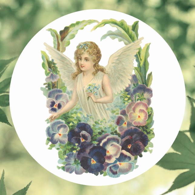 Sticker Rond Victorian Easter Angel with Purple Pansy Flowers (Créateur téléchargé)