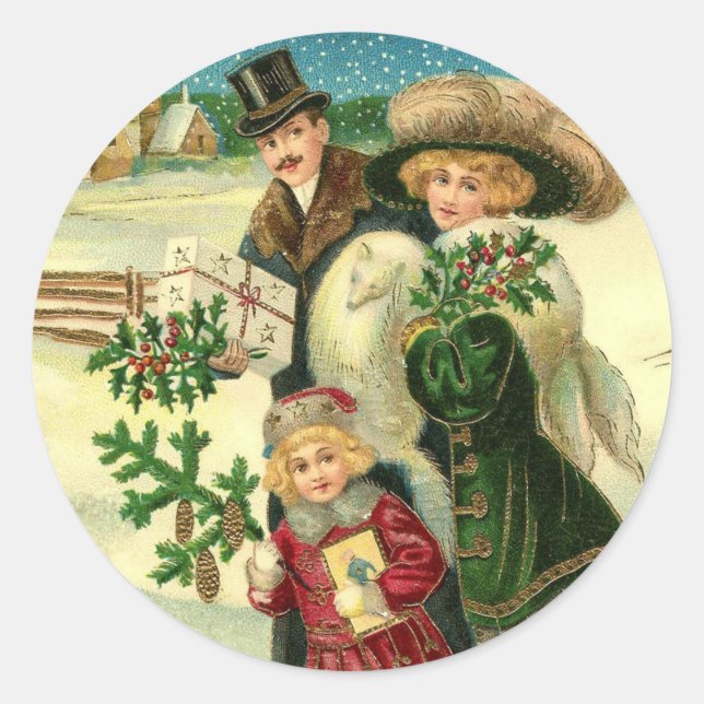 Sticker Rond Victorian Famy in the snow Christmas scene (Devant)
