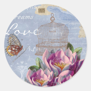 Sticker Rond Victorian Love Thoughts Dreams Butterfly Bird Cage