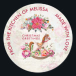 Sticker Rond Victorian Vintage Rocse Horse Christmas Kitchen<br><div class="desc">Stickers cuisine Festive de Noël.L'arrière - plan est un collage de style vintage avec une image défraîchie de roses roses,  feuilles verts et écriture française. Au-dessus se trouve un joli bouquet de noël poinsettia et un cheval victorien à bascule entouré de jolis pivoines roses.</div>