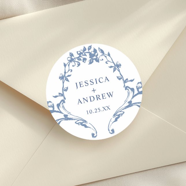 Sticker Rond Victorien Ornate Grace Floral Dusty Mariage bleu (Créateur téléchargé)