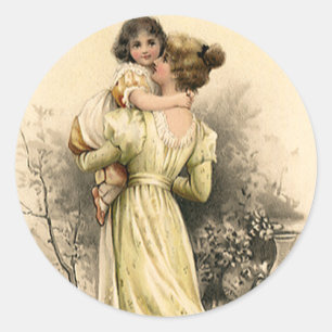 Sticker Rond Victorien vintage Fille Mère Enfant Tout-Petit