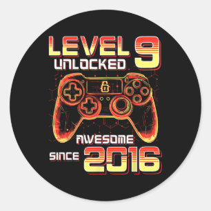 Sticker Rond Vidéo de fête de jeu vidéo niveau 9 débloqué 9e an