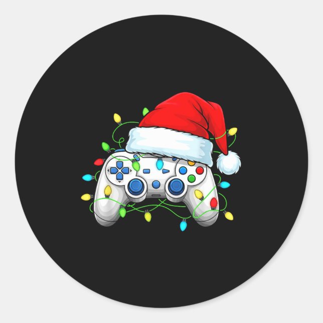 Sticker Rond Video Game Controller Christmas Santa Hat Gamer Bo (Devant)