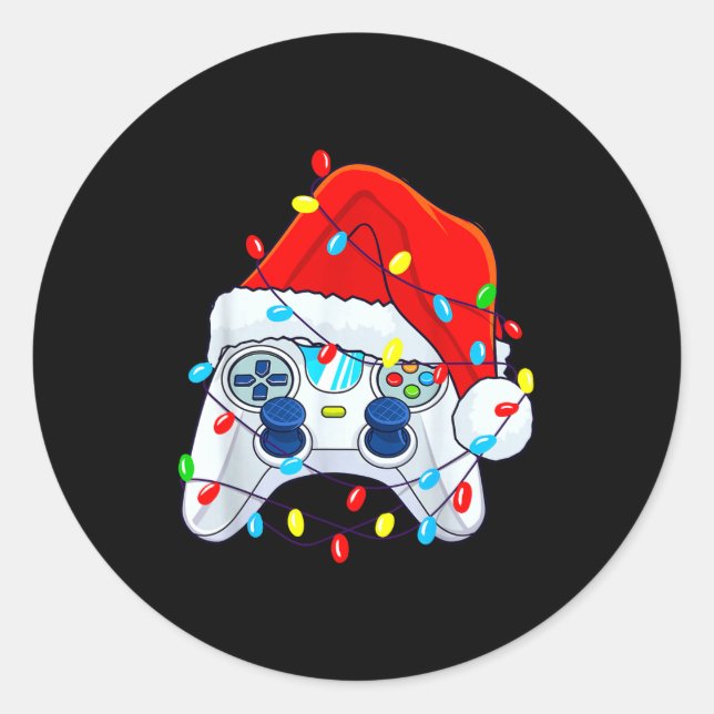 Sticker Rond Video Game Controller Christmas Santa Hat Gamer Bo (Devant)