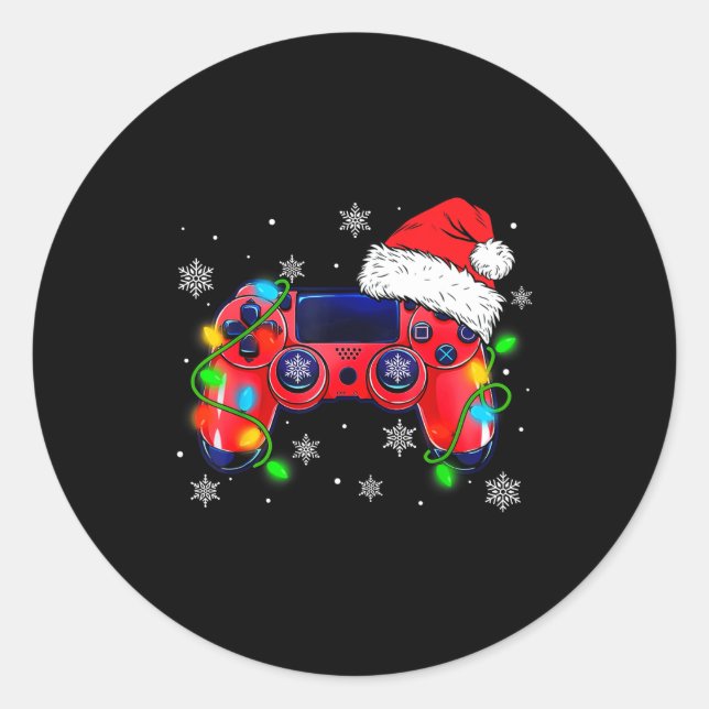Sticker Rond Video Game Controller Christmas Santa Hat Gamer Bo (Devant)