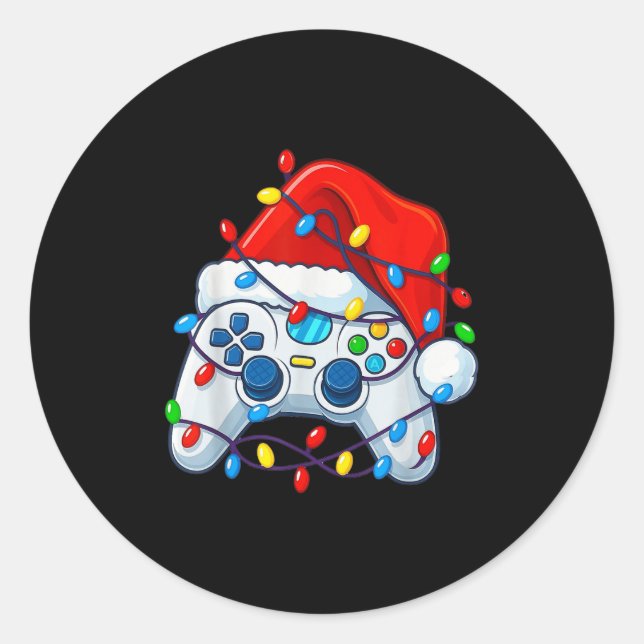 Sticker Rond Video Game Controller Christmas Santa Hat Gamer Fu (Devant)