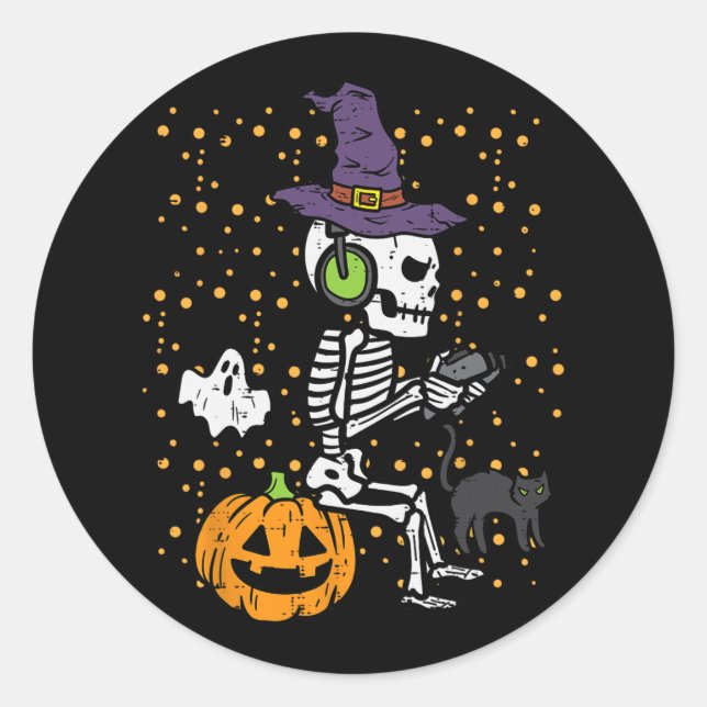 Sticker Rond Vidéo Gamer Squelette Halloween Costume Hommes gar (Devant)