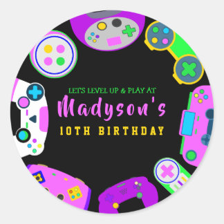Sticker Rond VIDÉO JEU JEU Fille Anniversaire Fête Invitation