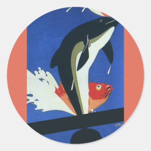 Sticker Rond Vie marine vintage, dauphin et poisson d'or