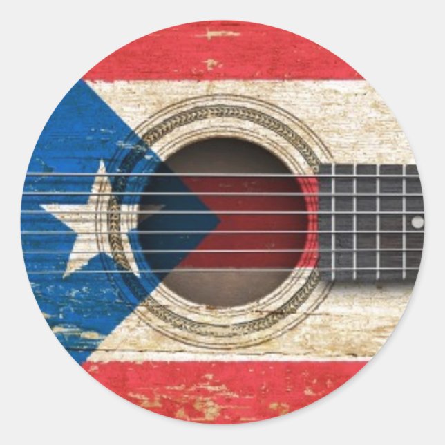 Sticker Rond Vieille guitare acoustique avec drapeau Porto Rico (Devant)