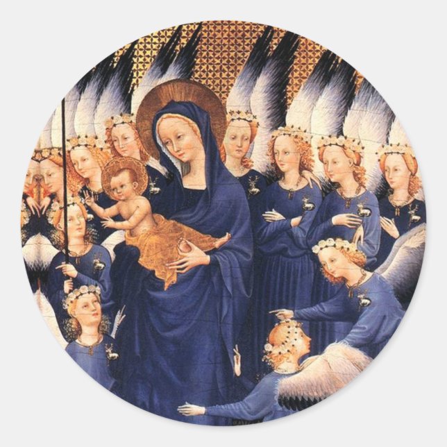 STICKER ROND VIERGE AVEC ENFANT, ANGELS, NOËL JOIE LA PAIX AMOU (Devant)
