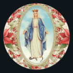Sticker Rond Vierge catholique de Noël Mary Poinsettias<br><div class="desc">Avec une belle image traditionnelle catholique de la Vierge Marie,  Notre-Dame de Grâce avec des poinsettias rouges.</div>