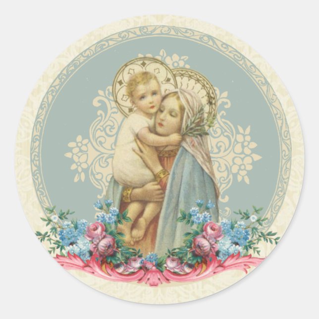 Sticker Rond Vierge catholique Marie Jésus Vintage religieux (Devant)