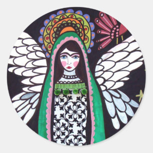 Sticker Rond Vierge d'ange d'art de Guadalupe par Heather