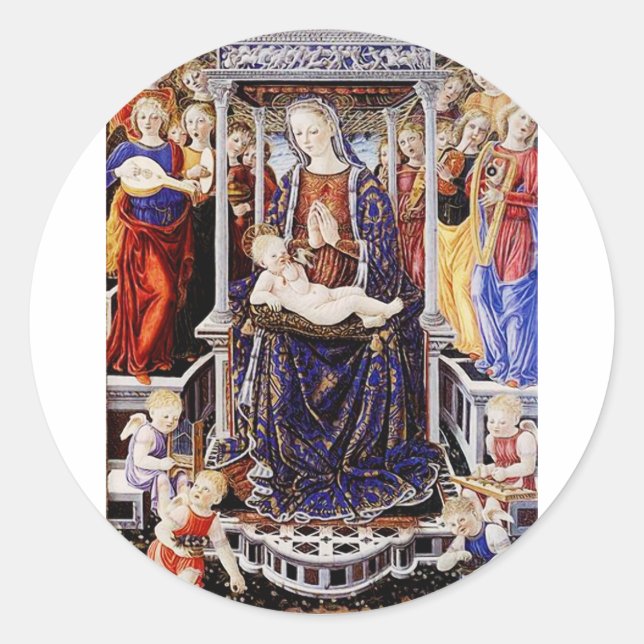 Sticker Rond Vierge et Enfant enthronés avec Ange musicien (Devant)