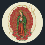 Sticker Rond Vierge Guadalupe Catholique Noël Pointsettia<br><div class="desc">Il s'agit d'une belle coutume conçue traditionnelle de l'image religieuse catholique de la Sainte Vierge Marie,  Notre Dame de Guadalupe aussi connue sous le nom Notre Dame des Amériques.(Mexique). avec poinsettia rouge ci-dessous.</div>