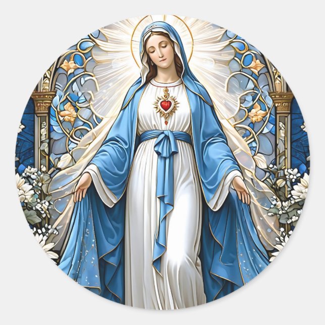Sticker Rond Vierge Marie avec le Sacré Coeur Vitrail (Devant)