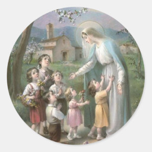 Sticker Rond Vierge Marie béni entourée avec des enfants