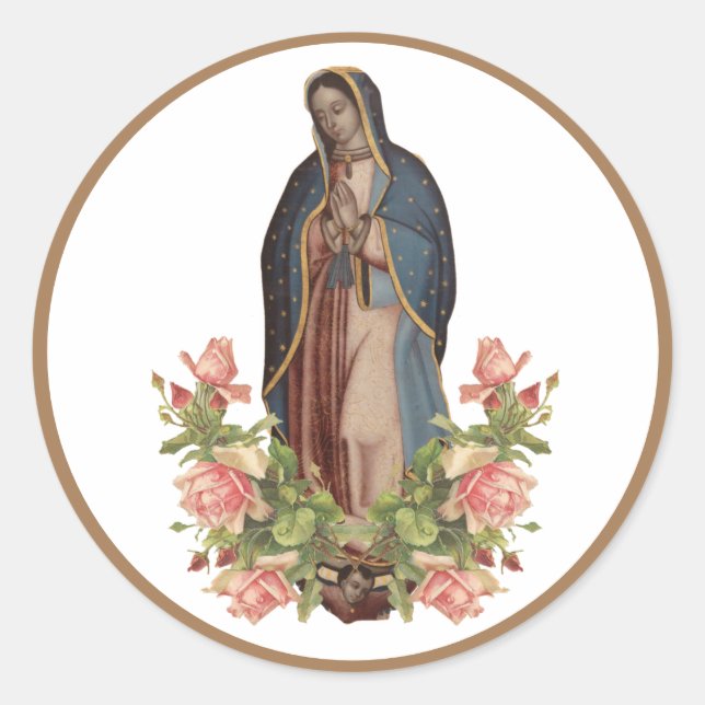 Sticker Rond Vierge Marie de Guadalupe Roses Religieux (Devant)