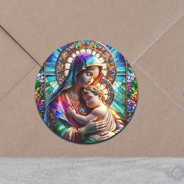 Sticker Rond Vierge Marie et Bébé Jésus Vitrail (Créateur téléchargé)