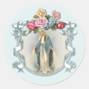 Sticker Rond Vierge Marie Florale Religieux Vintage catholique 