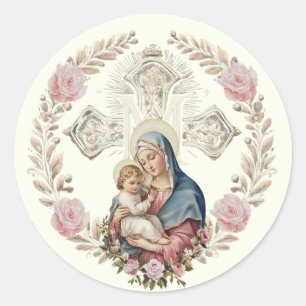 Sticker Rond Vierge Marie Jésus Vintage Roses roses roses roses