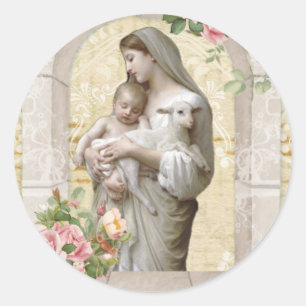 Sticker Rond Vierge Marie Lamb Vintage Floral Religieux