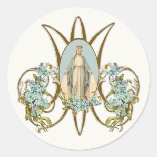 Sticker Rond Vierge Marie Religieuse Élégante Grâce Florale