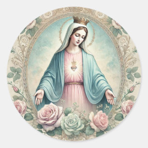Sticker Rond Vierge Marie Vintage Roses roses roses catholiques