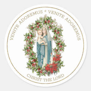 Sticker Rond Vierge religieuse Marie Jésus Poinsettias de Noël