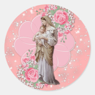 Sticker Rond Vierge religieuse Marie Jésus Roses roses Étoiles