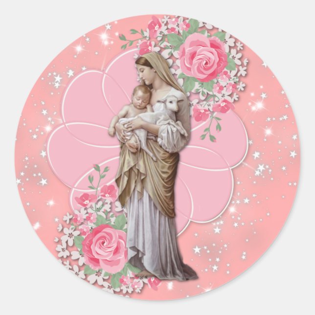 Sticker Rond Vierge religieuse Marie Jésus Roses roses Étoiles (Devant)