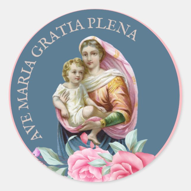 Sticker Rond Vierge religieuse Marie Jésus Salut Marie Latin Cl (Devant)