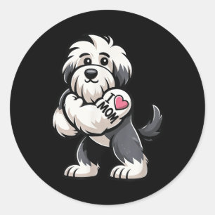 Sticker Rond Vieux anglais Sheepdog I Love Maman Funny Chien Ta