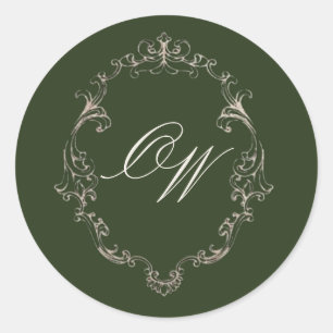 Sticker Rond Vieux Argent Vert Olive Élégant Mariage Monogramme