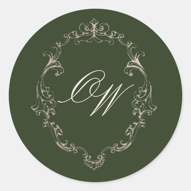 Sticker Rond Vieux Argent Vert Olive Élégant Mariage Monogramme (Devant)