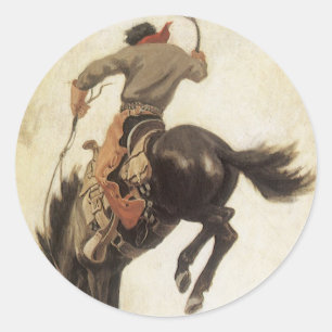 Sticker Rond Vieux Cowboy, étude de Bronco Buster par NC Wyeth