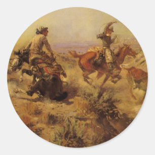 Sticker Rond Vieux Cowboys, Jetés à bas par CM Russell