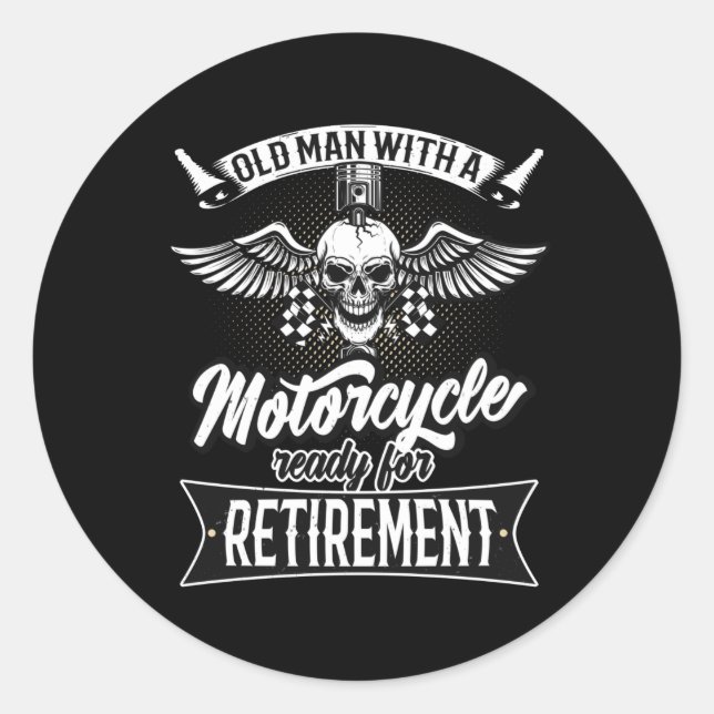 Sticker Rond Vieux Homme Avec Moto Prêt À La Retraite (Devant)