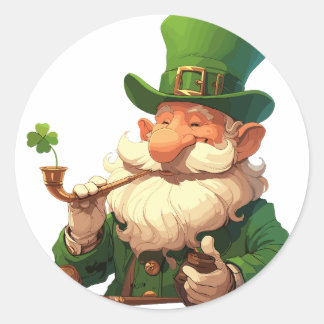 Sticker Rond Vieux Leprechaun avec tuyau