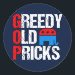 Sticker Rond Vieux Pricks avide Funny Anti GOP<br><div class="desc">Ce design Anti GOP signifie Greedy Old Pricks dans ce drôle de design anti-républicain avec l'éléphant conservateur en rouge,  blanc et bleu. Les démocrates vont adorer cet humour.</div>