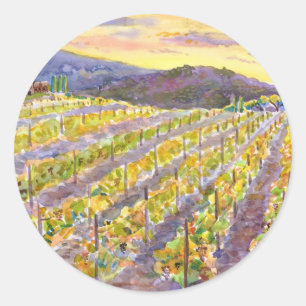 Sticker Rond Vignoble au coucher du soleil – Paysage à l'aquare