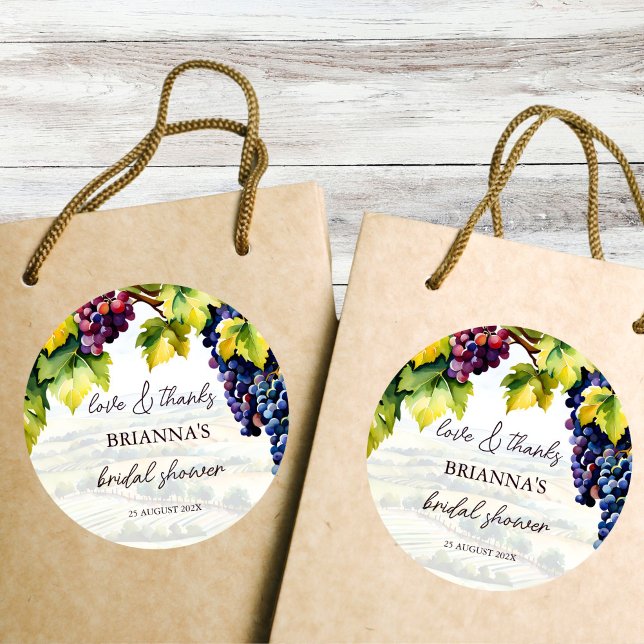 Sticker Rond Vignoble chère vinification été douche de mariée i (Vineyard winery summer bridal shower thank you favor printed sticker grapes wine bridal shower favor)