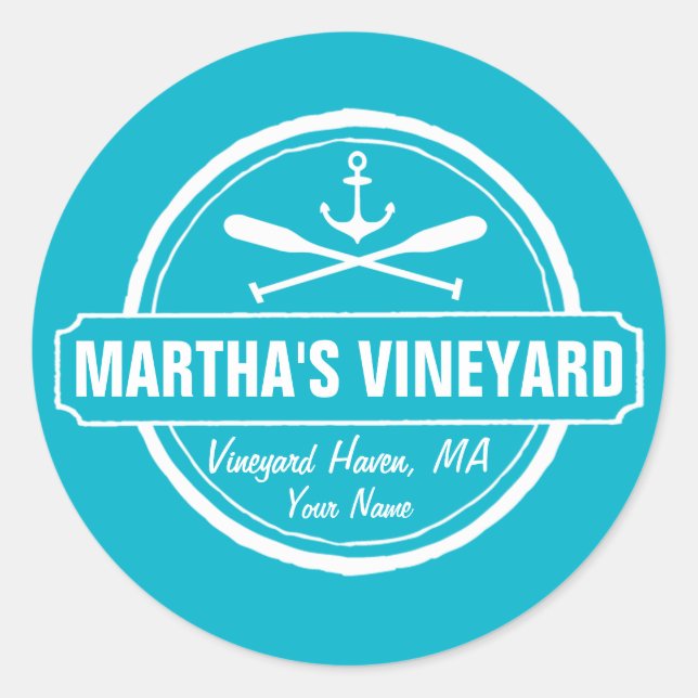 Sticker Rond Vignoble de Martha, MA ville, nom, ancre nautique (Devant)
